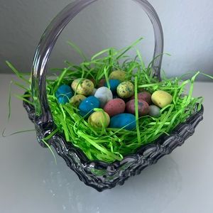 Vintage Purple Glass Basketweave Basket with Rope  Handle 6” x 6” x 7”